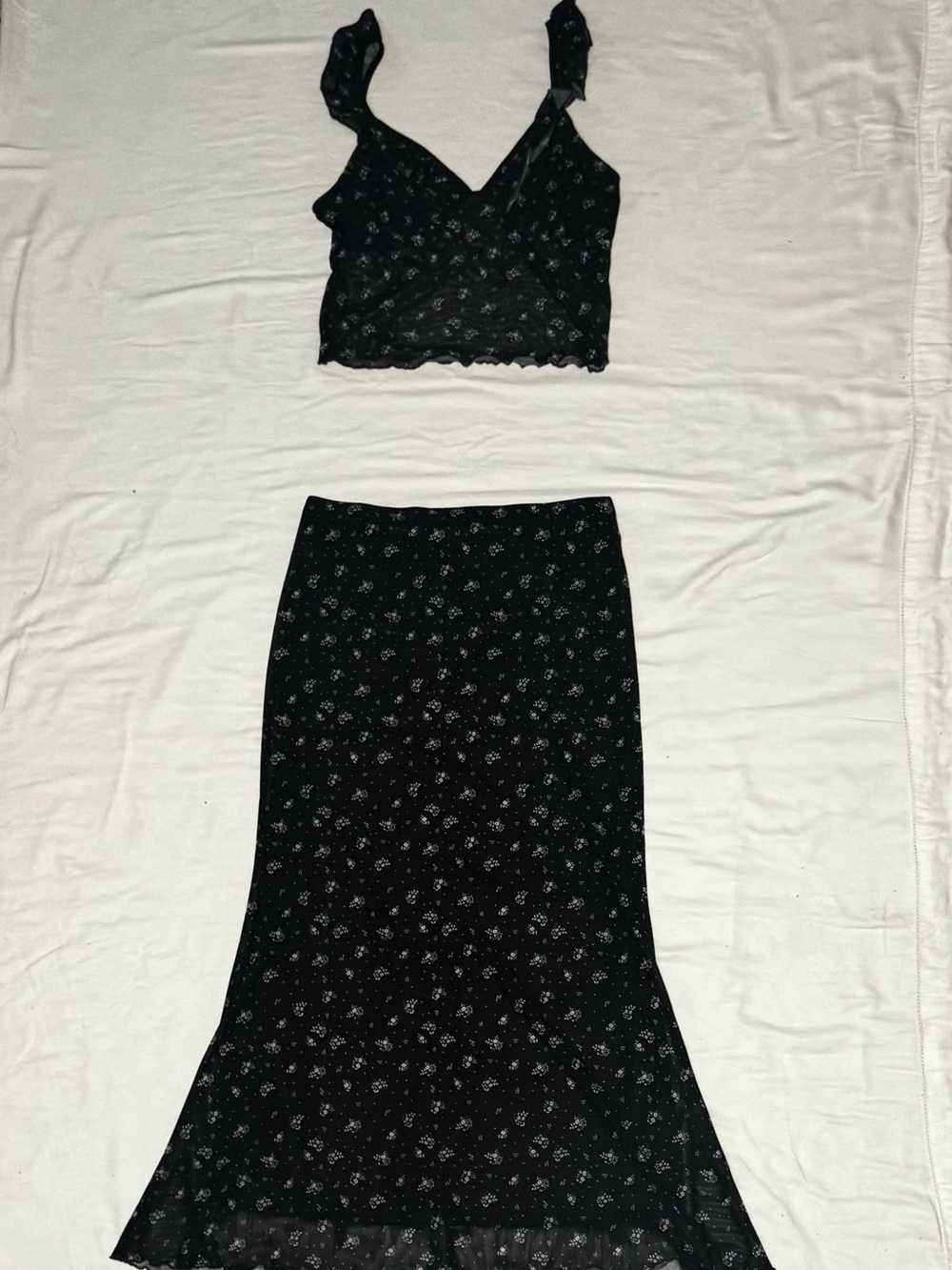 Black Floral Two-Piece Skirt Set - Feminine Midi Skirt & Crop Top